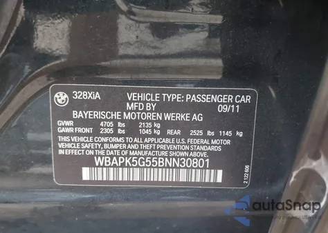 2011 BMW 328I xDrive из США, поврежденный, VIN WBAPK5G55BNN30801